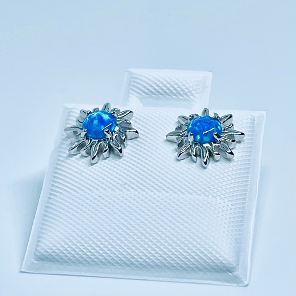 Sterling Silver Blue Lab Opal Blazing Sun Earrings, Silver Stud Earring, Sunny - Picture 11 of 13